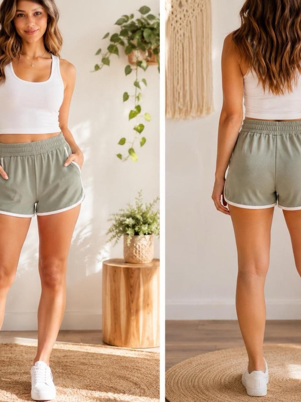 90 Degree Casual Olive Runner Shorts with White Trim